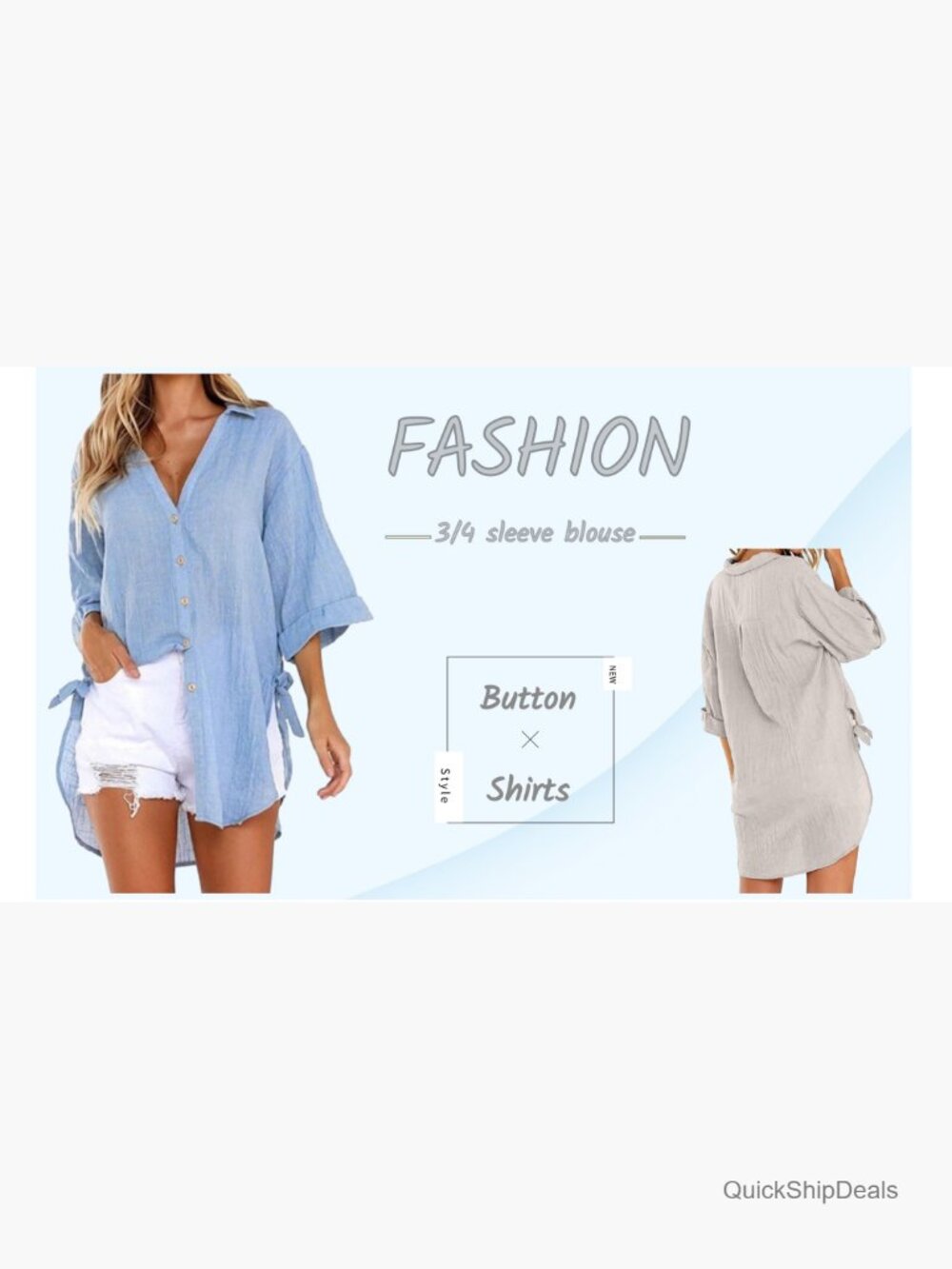 Women's V Neck 3/4 Sleeve Button Down Shirt Blouse Tunic Beach Top - Picture 4 of 5